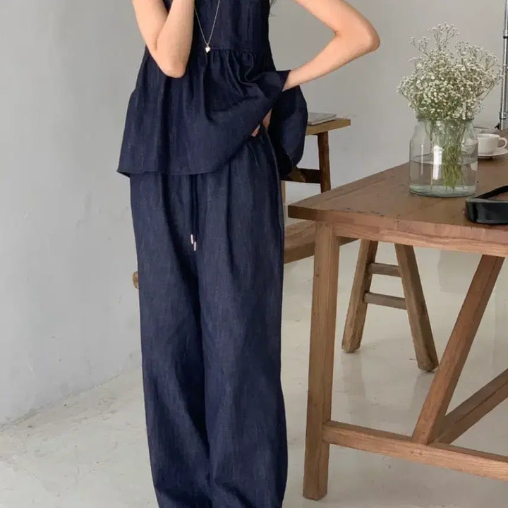 [BUNJANG] Denim Top Set with Wide Band Jeans / 데님탑세트 투피스/데님탑+데님와이드밴드청바지/새상품/무료배송