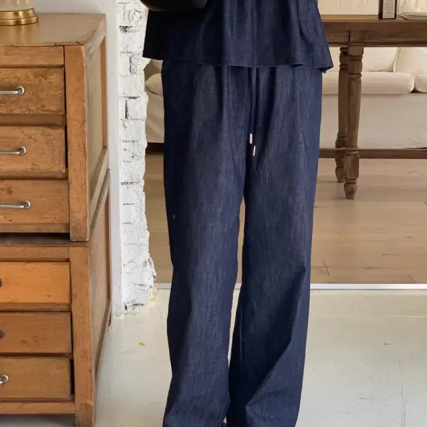 [BUNJANG] Denim Top Set with Wide Band Jeans / 데님탑세트 투피스/데님탑+데님와이드밴드청바지/새상품/무료배송