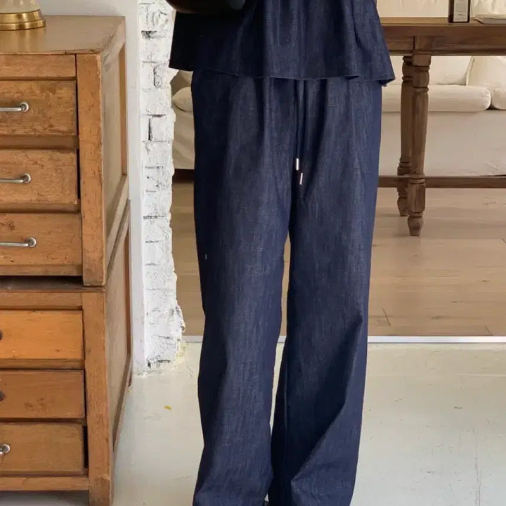 [BUNJANG] Denim Top Set with Wide Band Jeans / 데님탑세트 투피스/데님탑+데님와이드밴드청바지/새상품/무료배송
