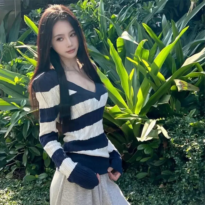 [BUNJANG] V-Neck Striped Knit T-Shirt / [새상품/*바로발송*] 브이넥 단가라 스프라이프 니트티