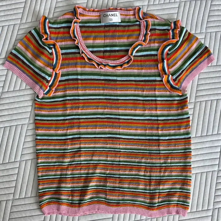 [BUNJANG] Chanel Stripe T-shirt / 샤넬 멀티컬러 스트라이프 반팔 티셔츠(38/무료배송)