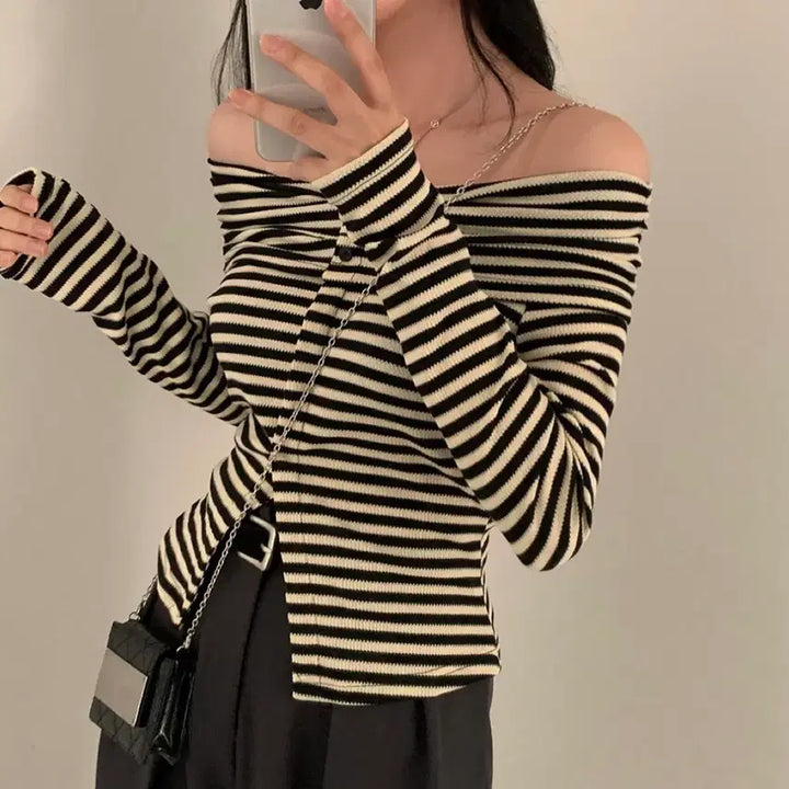 [BUNJANG] Striped Off-Shoulder Knit Top / 단가라 오프숄더