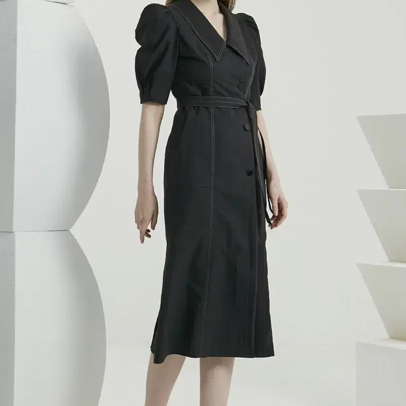 [BUNJANG] Time Big Collar Puff Sleeve Dress / 21년 한섬 타임 TIME 빅카라 바스락 퍼프 원피스 스티치반팔5부블랙