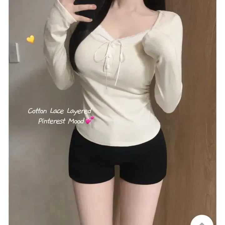 [SOLD OUT] 에이블리 뮤즈로아 코튼 레이스 레이어드 여리핏 리본 셔링 하트넥 긴팔 y