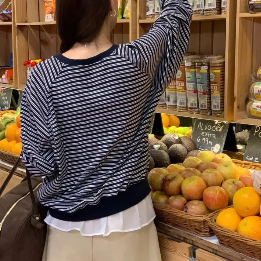 [BUNJANG] Striped V-Neck Raglan Sweatshirt / 쇼핑몰 단가라 브이넥 맨투맨