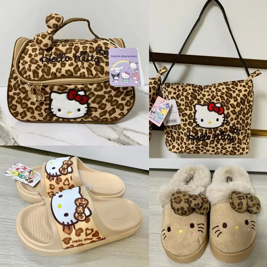 [BUNJANG] Sanrio Hello Kitty Leopard Print Set (Pouch, Tote Bag, Slippers) / (4개세트가격) 산리오 헬로키티 호피 파우치 , 토트백 가방, 슬리퍼x2