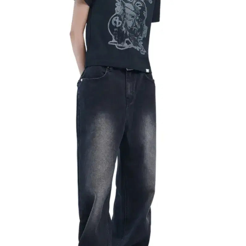 [BUNJANG] No-Manual Washed Denim Pants Black XS / 택O) 빛오 착용 노매뉴얼 워싱 데님 팬츠 블랙 XS 청바지 세미와이드