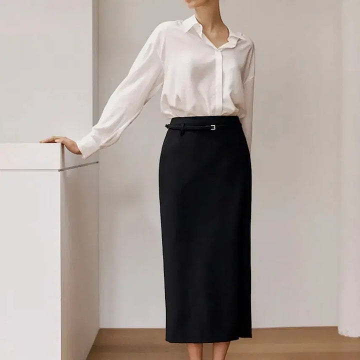 [BUNJANG] SI E. Jenne Belted Line Skirt Black S Long Length / 시에 젠느 벨티드 라인 스커트 블랙 S 롱기장