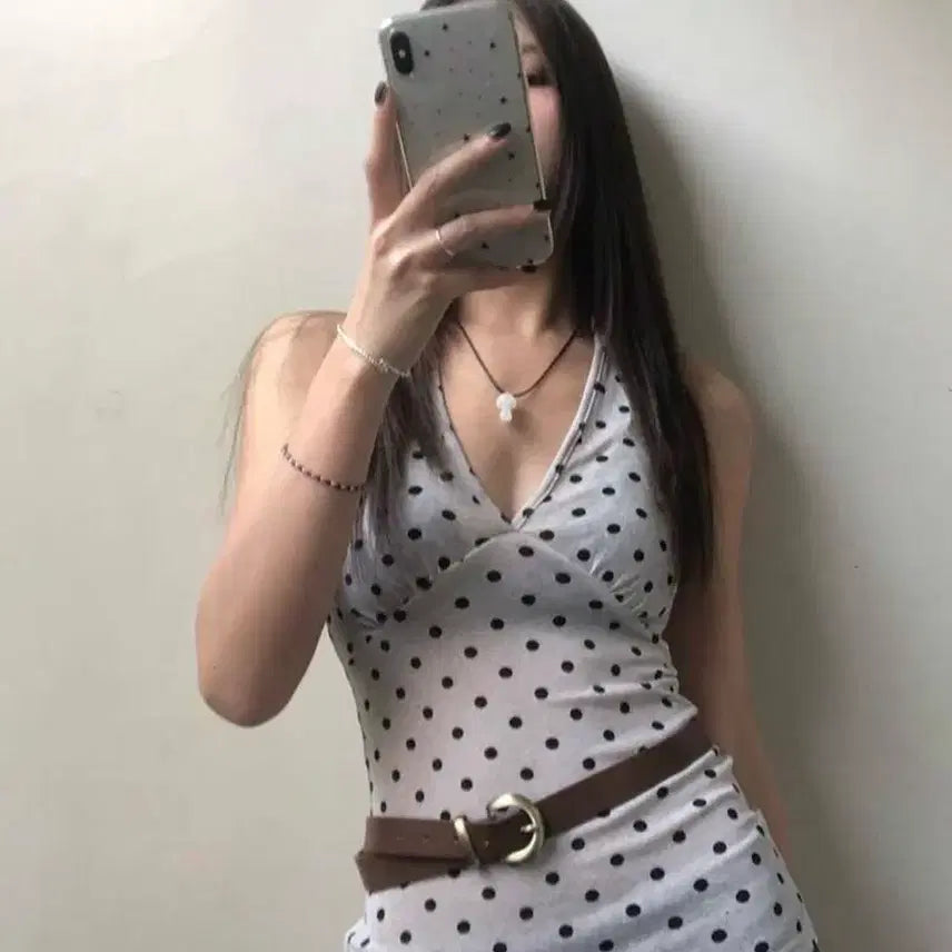 [BUNJANG] Grey Dotted Halterneck Layered Camisole / 그레이 도트 홀터넥 레이어드 나시