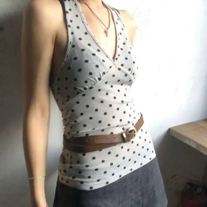 [BUNJANG] Grey Dotted Halterneck Layered Camisole / 그레이 도트 홀터넥 레이어드 나시