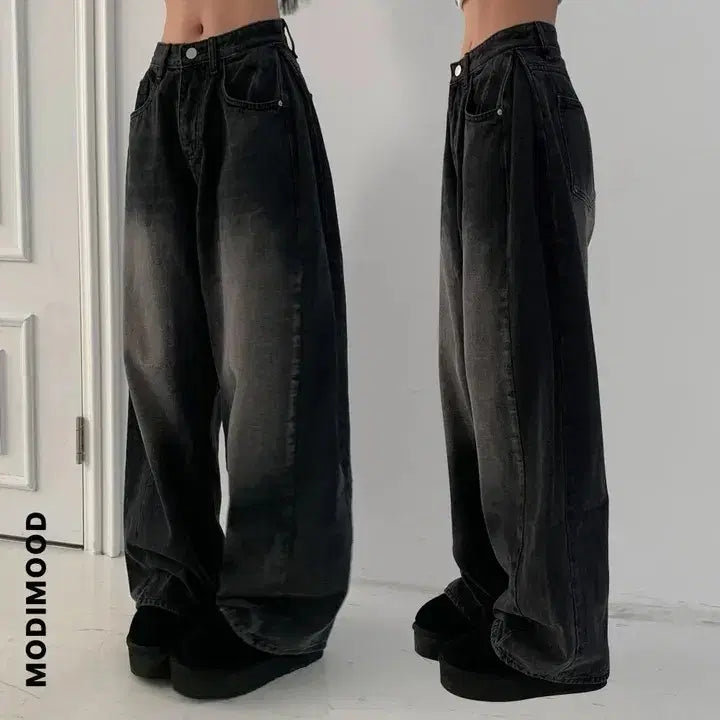[BUNJANG] Modi Mood Pin-Tuck Vintage Washing Denim Pants Black Blue M Long / 에이블리 모디무드 핀턱 빈티지 워싱 데님 팬츠 청바지 흑청 롱M