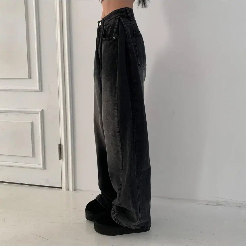 [BUNJANG] Modi Mood Pin-Tuck Vintage Washing Denim Pants Black Blue M Long / 에이블리 모디무드 핀턱 빈티지 워싱 데님 팬츠 청바지 흑청 롱M