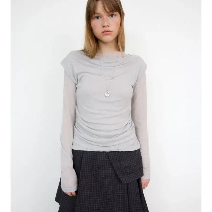 [BUNJANG] Toabe Drape Wool Tencel Layered T-Shirt Set (Gray) / 토아베 드레이프 울 텐셀 레이어드 티 세트 (그레이)
