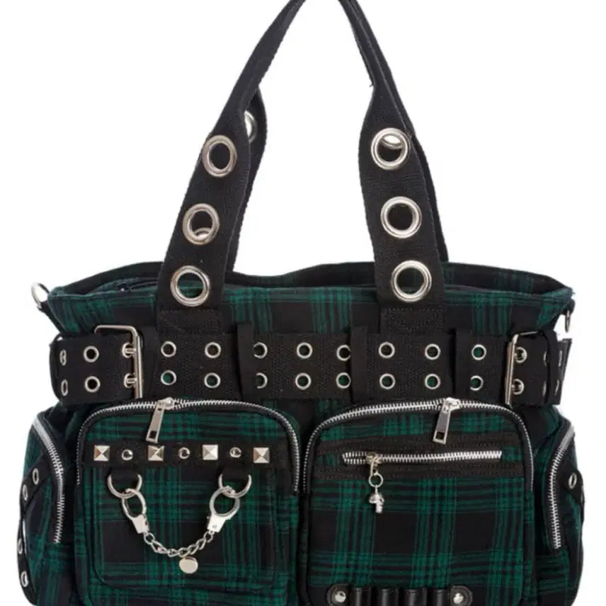 [BUNJANG] BANNED LOST QUEEN Studded Check Bag (Green) / 매입 ) BANNED LOST QUEEN 수갑 스터드 체크 가방 그린