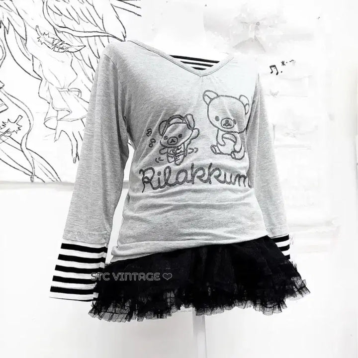 [BUNJANG] Rilakkuma Striped Layered T-shirt / 리락쿠마 스트라이프 레이어드티 stc진리이코빈티지