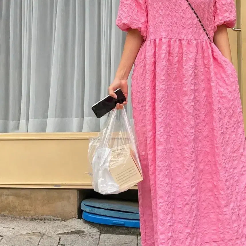 [BUNJANG] Jijimi Puff Sleeve Long Dress / 지지미 원프소매 롱원피스