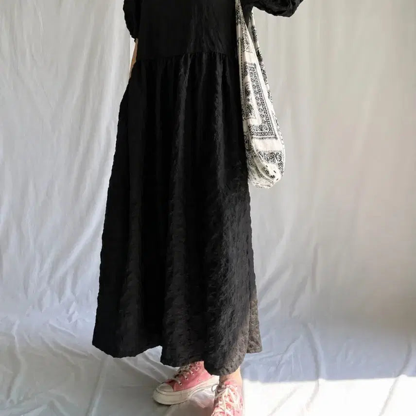 [BUNJANG] Jijimi Puff Sleeve Long Dress / 지지미 원프소매 롱원피스