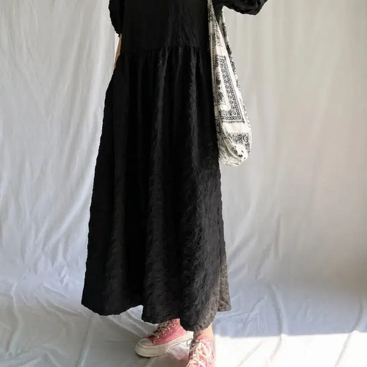 [BUNJANG] Jijimi Puff Sleeve Long Dress / 지지미 원프소매 롱원피스