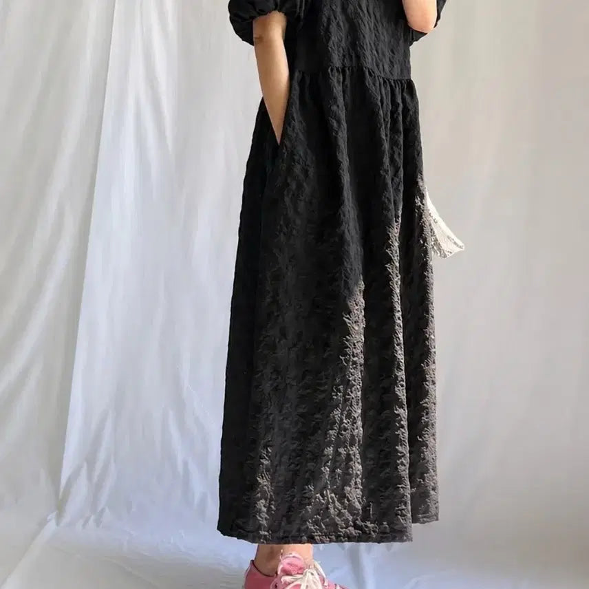 [BUNJANG] Jijimi Puff Sleeve Long Dress / 지지미 원프소매 롱원피스