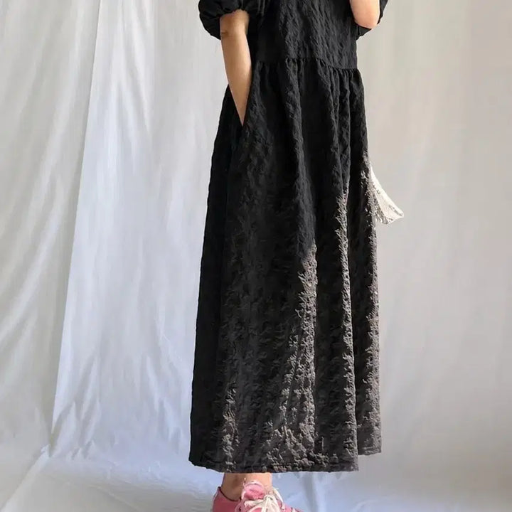 [BUNJANG] Jijimi Puff Sleeve Long Dress / 지지미 원프소매 롱원피스
