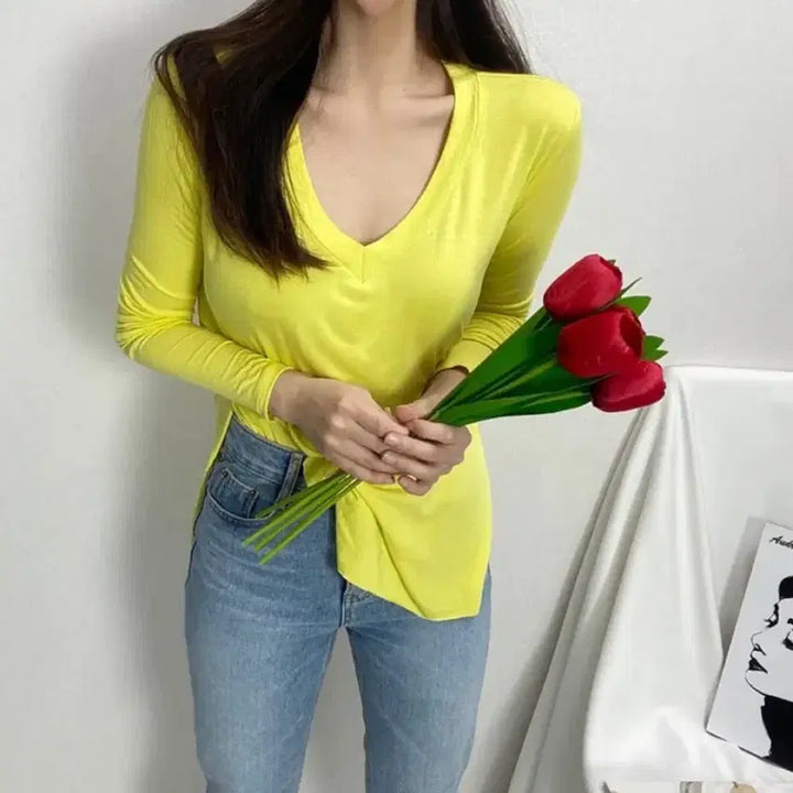 [BUNJANG] V-Neck Long Sleeve T-Shirt - Fluorescent Yellow / 브이넥 긴팔 티셔츠 형광 노랑