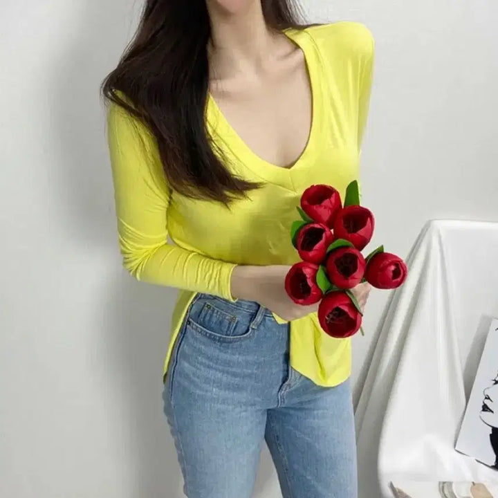 [BUNJANG] V-Neck Long Sleeve T-Shirt - Fluorescent Yellow / 브이넥 긴팔 티셔츠 형광 노랑