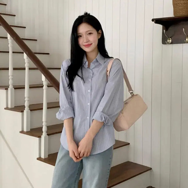 [SOLD OUT] 스트라이프 카라 긴팔 오버핏 셔츠 스카이블루/지그재그/에이블리