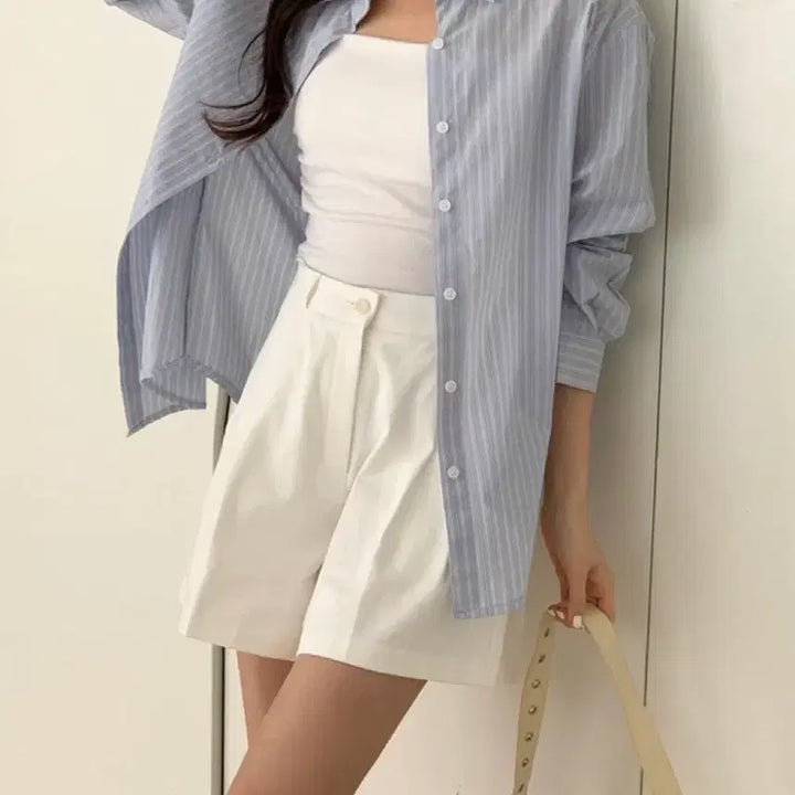 [SOLD OUT] 스트라이프 카라 긴팔 오버핏 셔츠 스카이블루/지그재그/에이블리