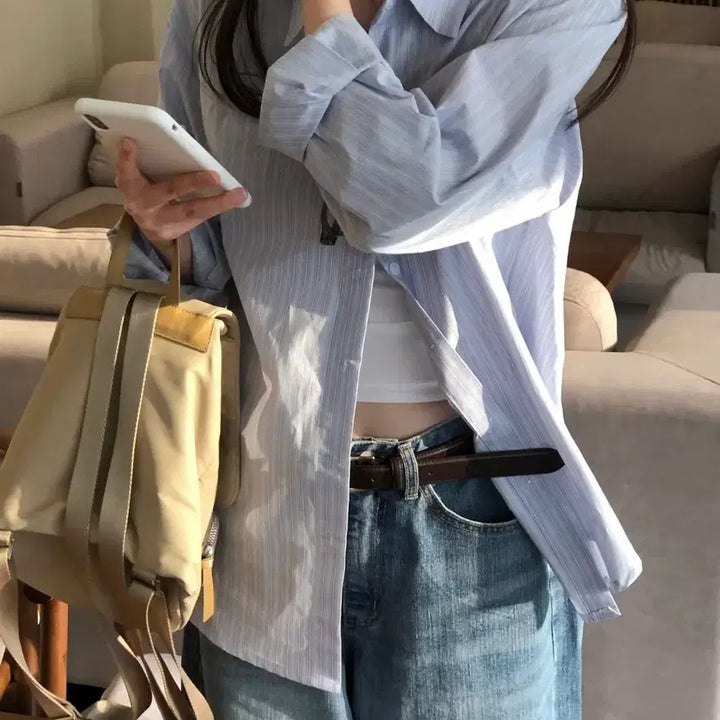 [SOLD OUT] 스트라이프 카라 긴팔 오버핏 셔츠 스카이블루/지그재그/에이블리