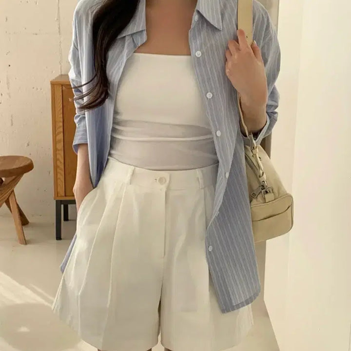 [SOLD OUT] 스트라이프 카라 긴팔 오버핏 셔츠 스카이블루/지그재그/에이블리