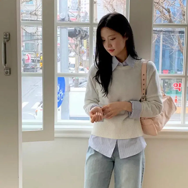 [SOLD OUT] 스트라이프 카라 긴팔 오버핏 셔츠 스카이블루/지그재그/에이블리