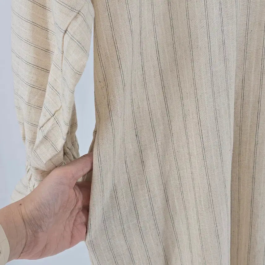 [BUNJANG] Beige Striped Linen Long Dress / 베이지 스트라이프 린넨 롱 원피스