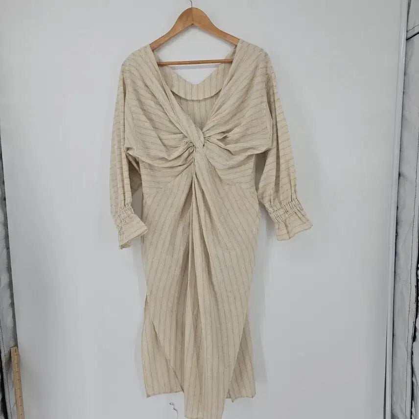 [BUNJANG] Beige Striped Linen Long Dress / 베이지 스트라이프 린넨 롱 원피스