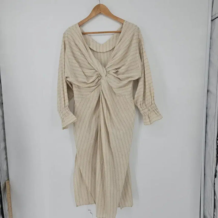 [BUNJANG] Beige Striped Linen Long Dress / 베이지 스트라이프 린넨 롱 원피스