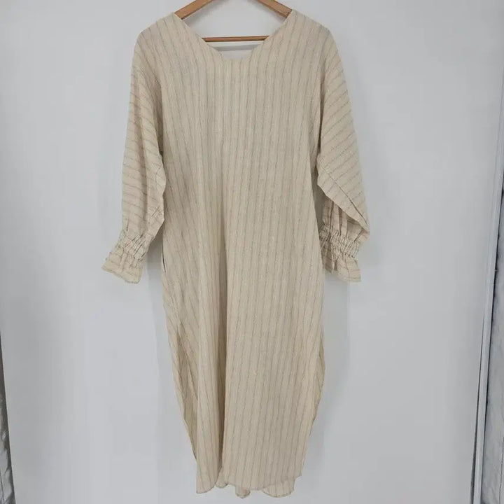 [BUNJANG] Beige Striped Linen Long Dress / 베이지 스트라이프 린넨 롱 원피스
