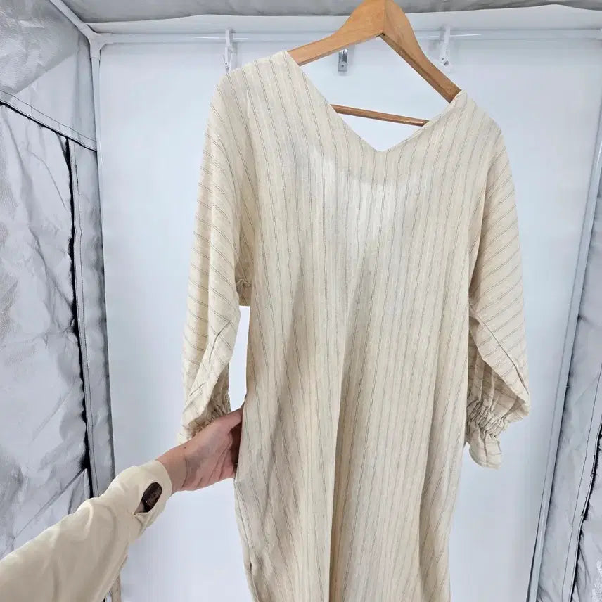 [BUNJANG] Beige Striped Linen Long Dress / 베이지 스트라이프 린넨 롱 원피스