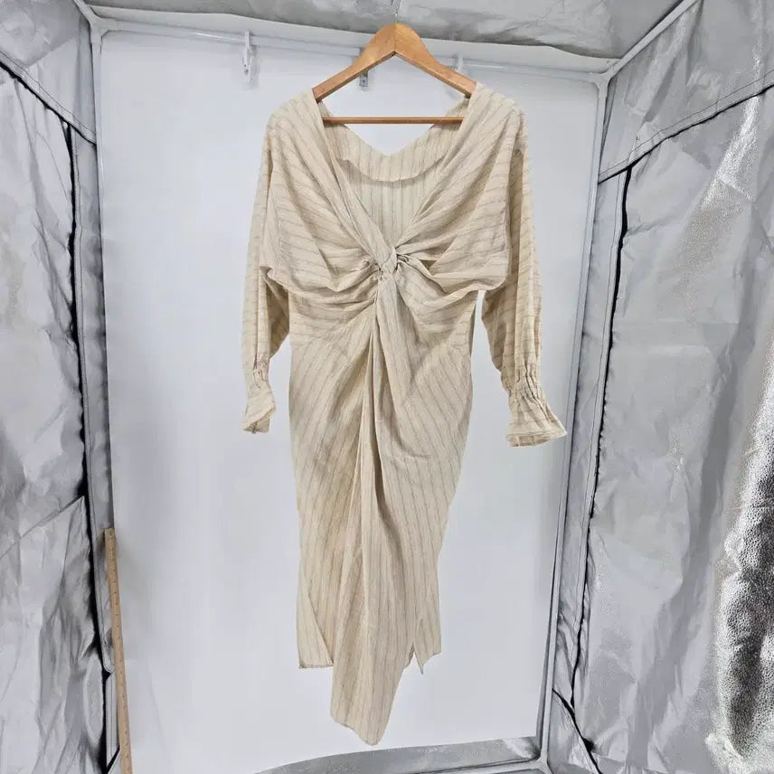 [BUNJANG] Beige Striped Linen Long Dress / 베이지 스트라이프 린넨 롱 원피스