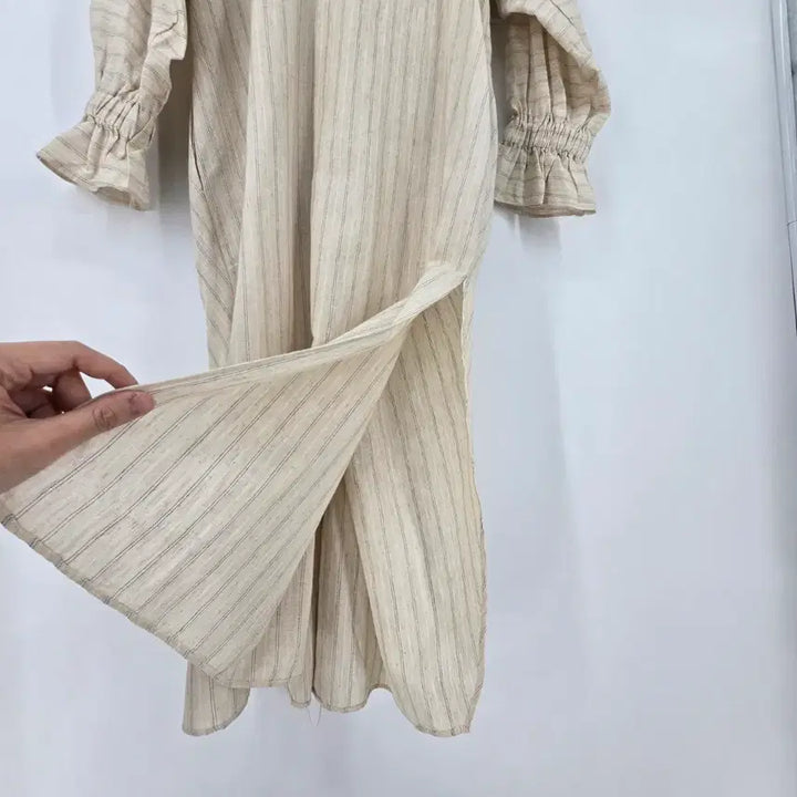 [BUNJANG] Beige Striped Linen Long Dress / 베이지 스트라이프 린넨 롱 원피스