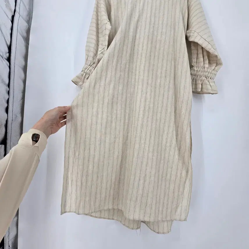 [BUNJANG] Beige Striped Linen Long Dress / 베이지 스트라이프 린넨 롱 원피스