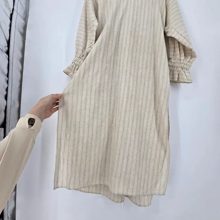 [BUNJANG] Beige Striped Linen Long Dress / 베이지 스트라이프 린넨 롱 원피스
