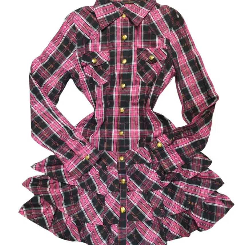 [BUNJANG] Vintage Pink Check Frill Shirt Dress / 빈티지 핑크 체크 프릴 셔츠 캉캉원피스 캐캐체깔