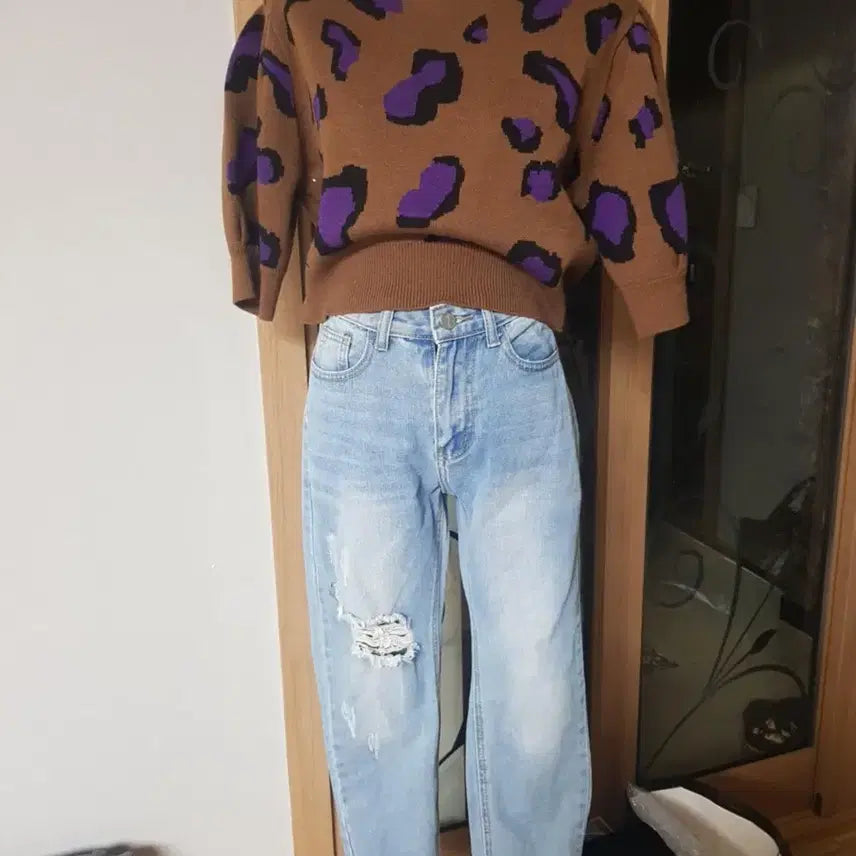 [BUNJANG] Brown Leopard Knit Top and Jeans Set / 브라운 퍼플 레오파드 니트 + 청바지세트s