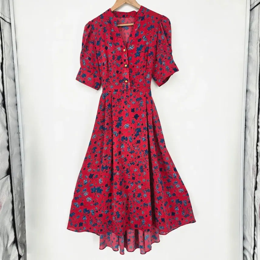[BUNJANG] Red Flower Pattern Long Dress / 레드 플라워 롱 원피스 반팔 꽃무늬