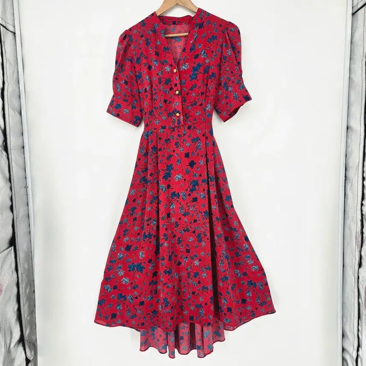 [BUNJANG] Red Flower Pattern Long Dress / 레드 플라워 롱 원피스 반팔 꽃무늬