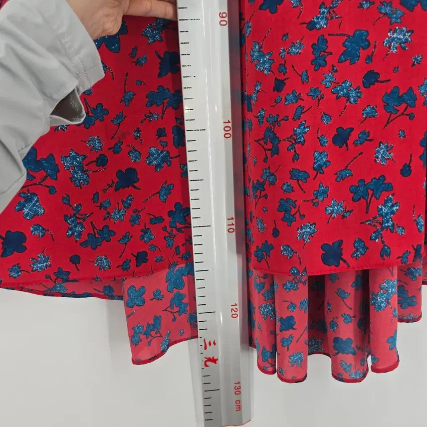 [BUNJANG] Red Flower Pattern Long Dress / 레드 플라워 롱 원피스 반팔 꽃무늬