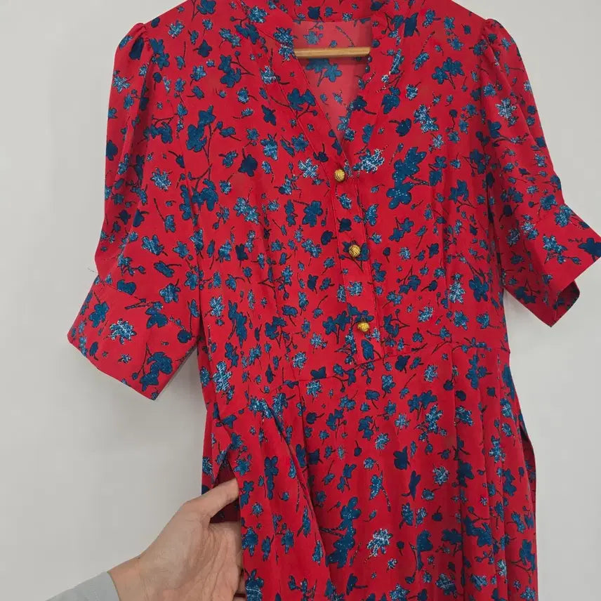 [BUNJANG] Red Flower Pattern Long Dress / 레드 플라워 롱 원피스 반팔 꽃무늬