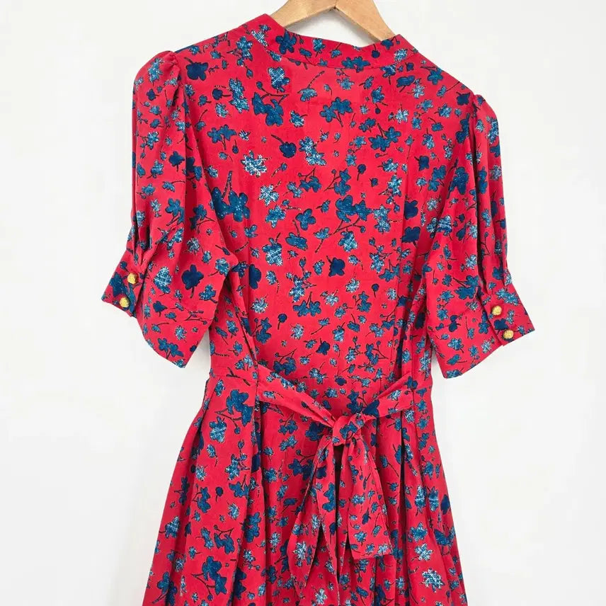[BUNJANG] Red Flower Pattern Long Dress / 레드 플라워 롱 원피스 반팔 꽃무늬