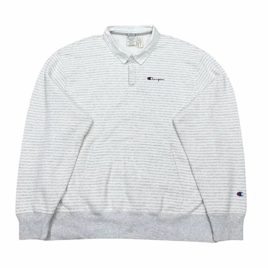 [BUNJANG] Champion Reverse Weave Stripe Rugby PK Fleece Sweatshirt / 챔피온 리버스위브 스트라이프 럭비 PK 기모 맨투맨 그레이 L