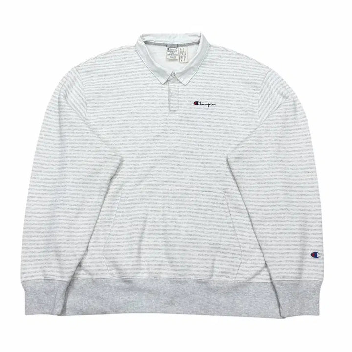 [BUNJANG] Champion Reverse Weave Stripe Rugby PK Fleece Sweatshirt / 챔피온 리버스위브 스트라이프 럭비 PK 기모 맨투맨 그레이 L