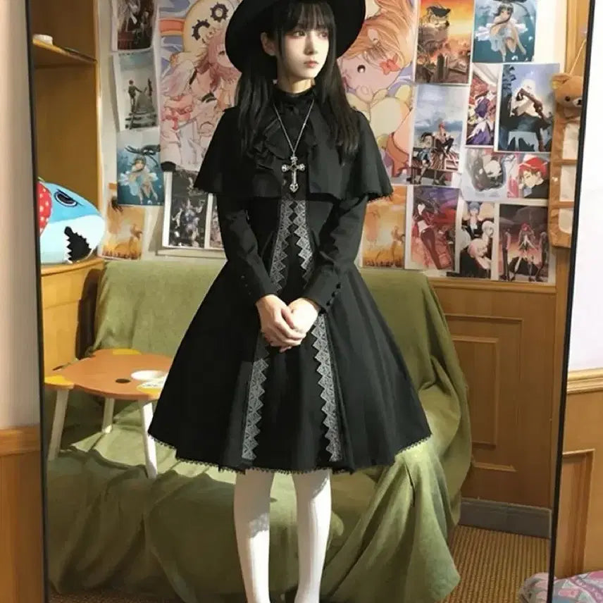 [BUNJANG] Gothic Lolita Lace Cape and Dress Set / 고딕 로리타 레이스 망토+원피스 세트